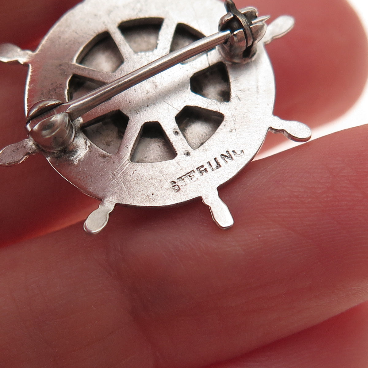 925 Sterling Silver Antique Art Deco Old Town Hand-Painted Ship's Wheel Brooch