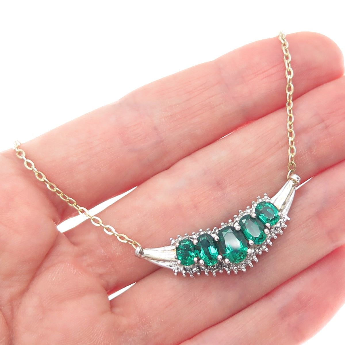 925 Sterling Silver 2-Tone Real Diamond & Chrome Diopside Chain Necklace 18"