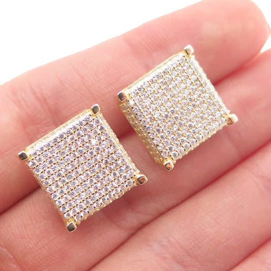 925 Sterling Silver Gold Plated Round-Cut C Z Square Stud Earrings