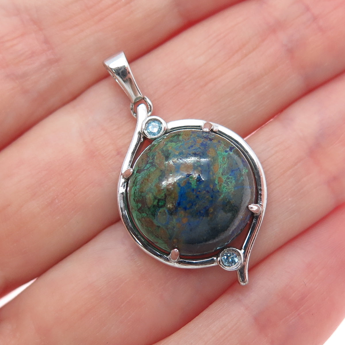 925 Sterling Silver Vintage Real Azurite & Blue Topaz Charm Pendant