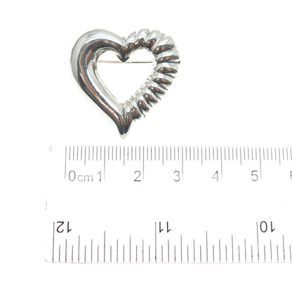 925 Sterling Silver Vintage Ribbed Heart Pin Brooch