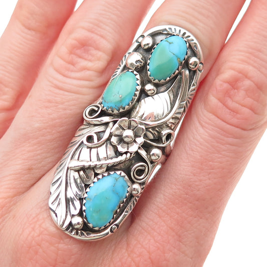 Old Pawn Sterling Silver Vintage Morenci Turquoise Flower & Feather Ring Size 9