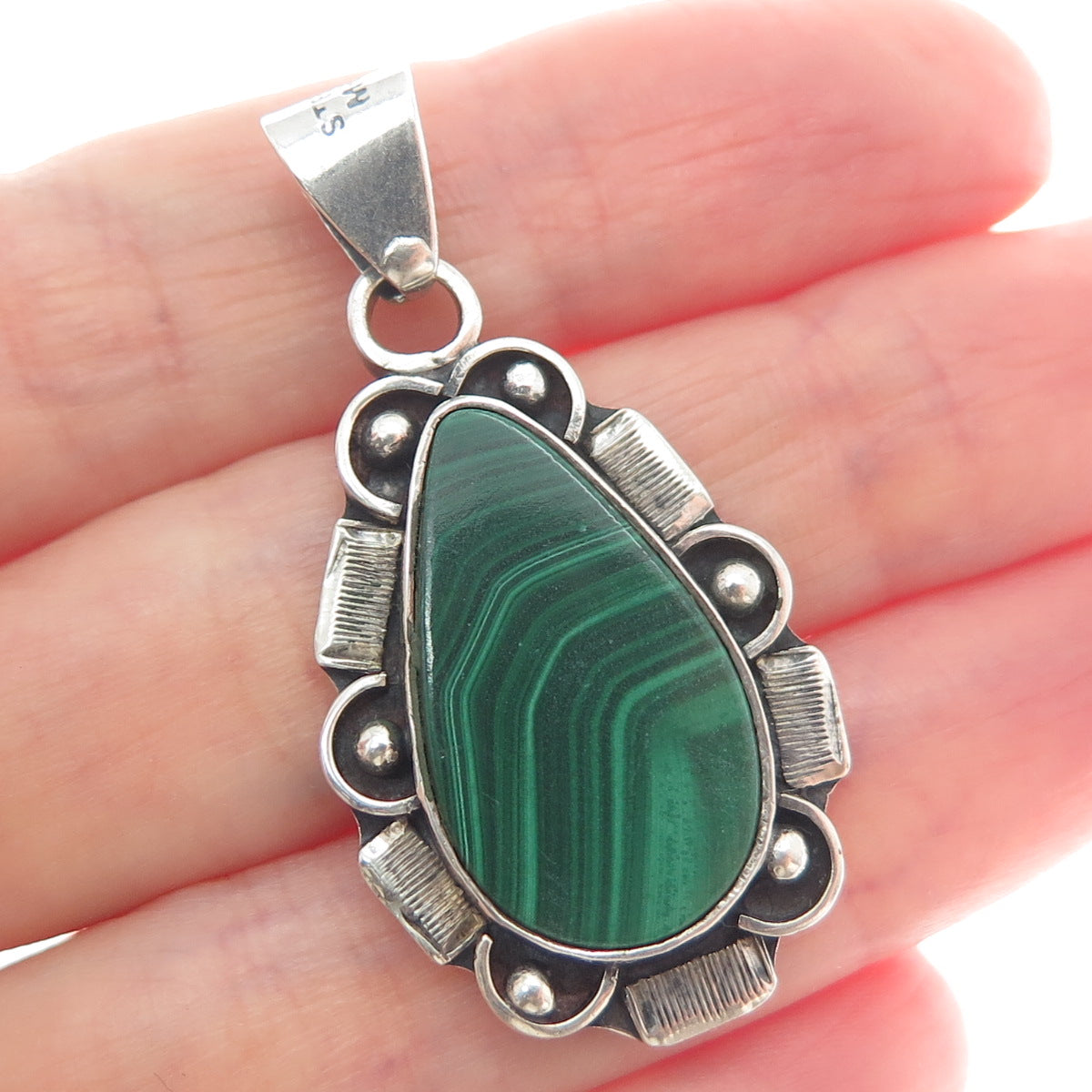 925 Sterling Silver Vintage Mexico Real Malachite Gem Teardrop Oxidized Pendant