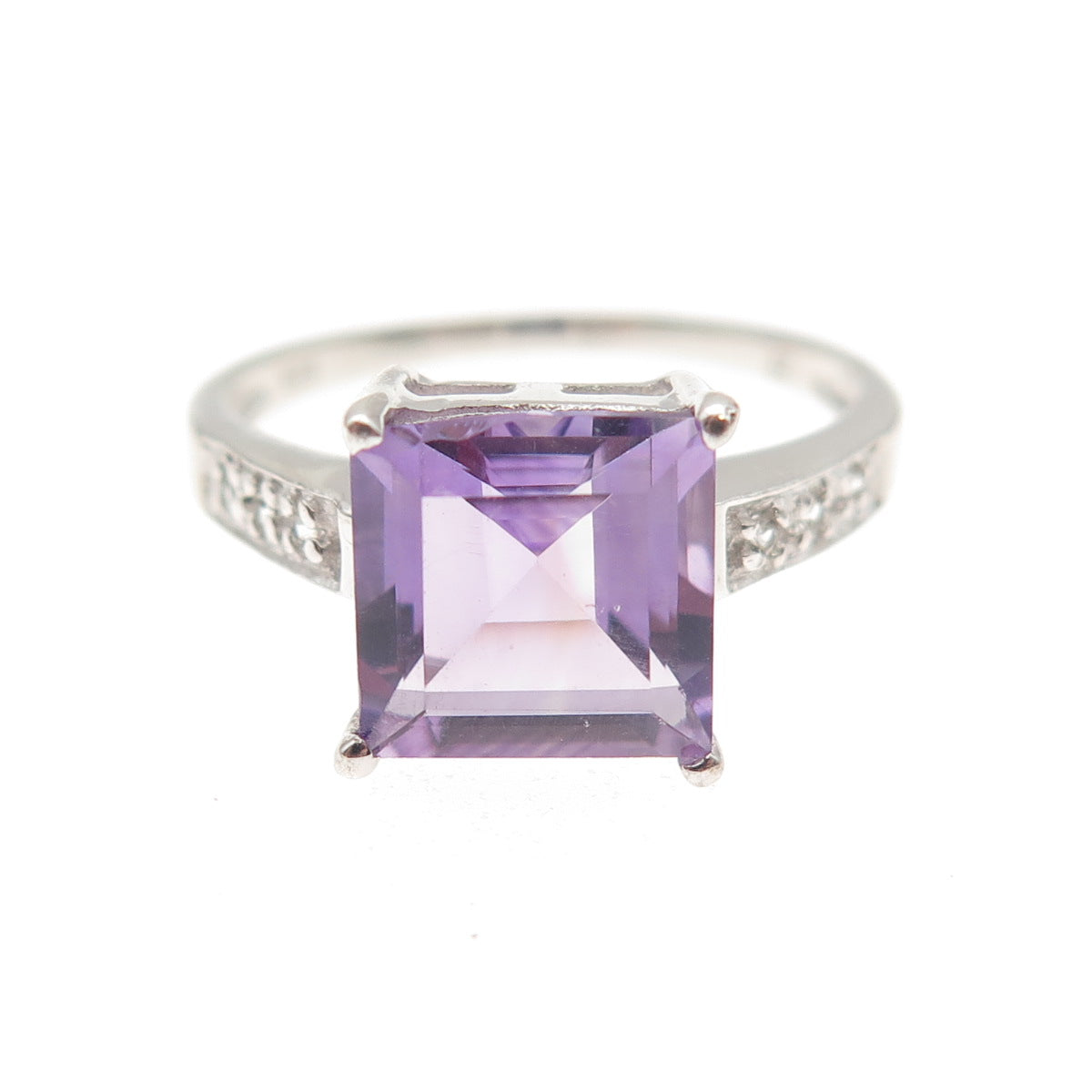 925 Sterling Silver Real Amethyst & White Topaz Ring Size 7