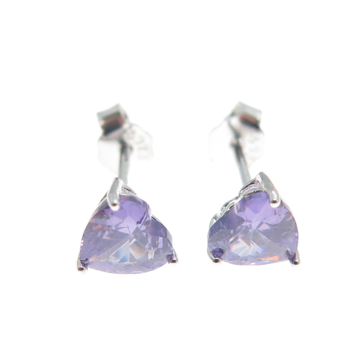 925 Sterling Silver Heart-Cut Purple C Z Stud Earrings