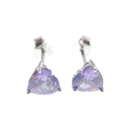 925 Sterling Silver Heart-Cut Purple C Z Stud Earrings
