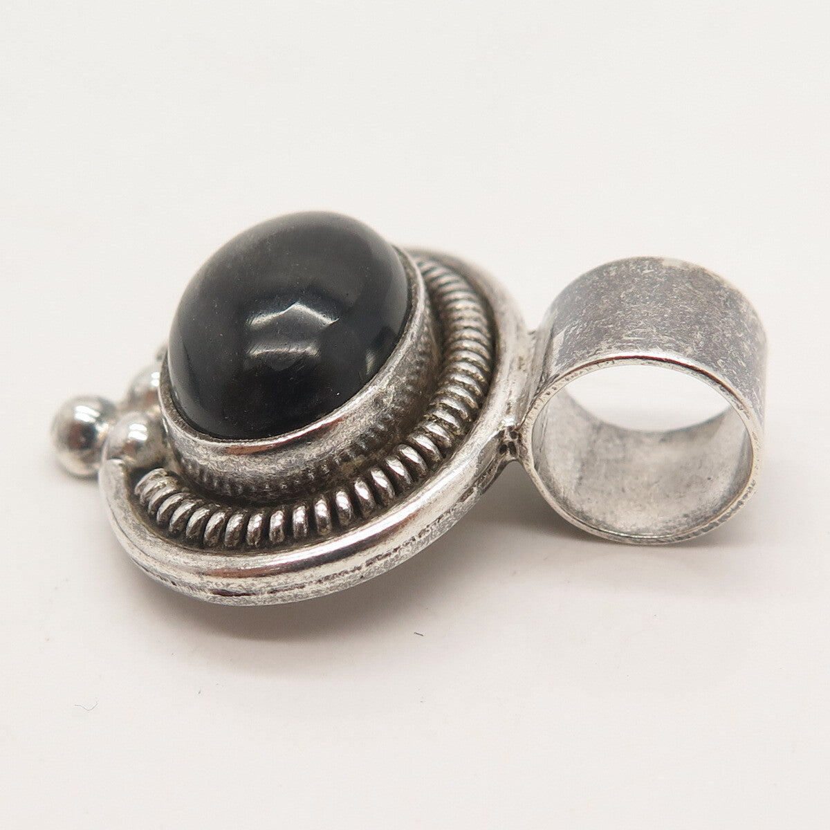 925 Sterling Silver Vintage Real Black Onyx Gem Beaded Slide Pendant