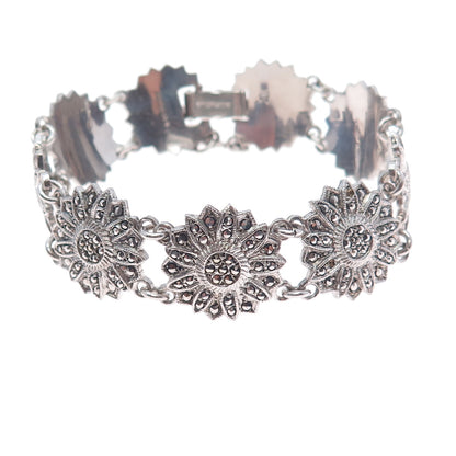 925 Sterling Silver Antique Marcasite Flower Bracelet 6.75" (missing 2 stones)