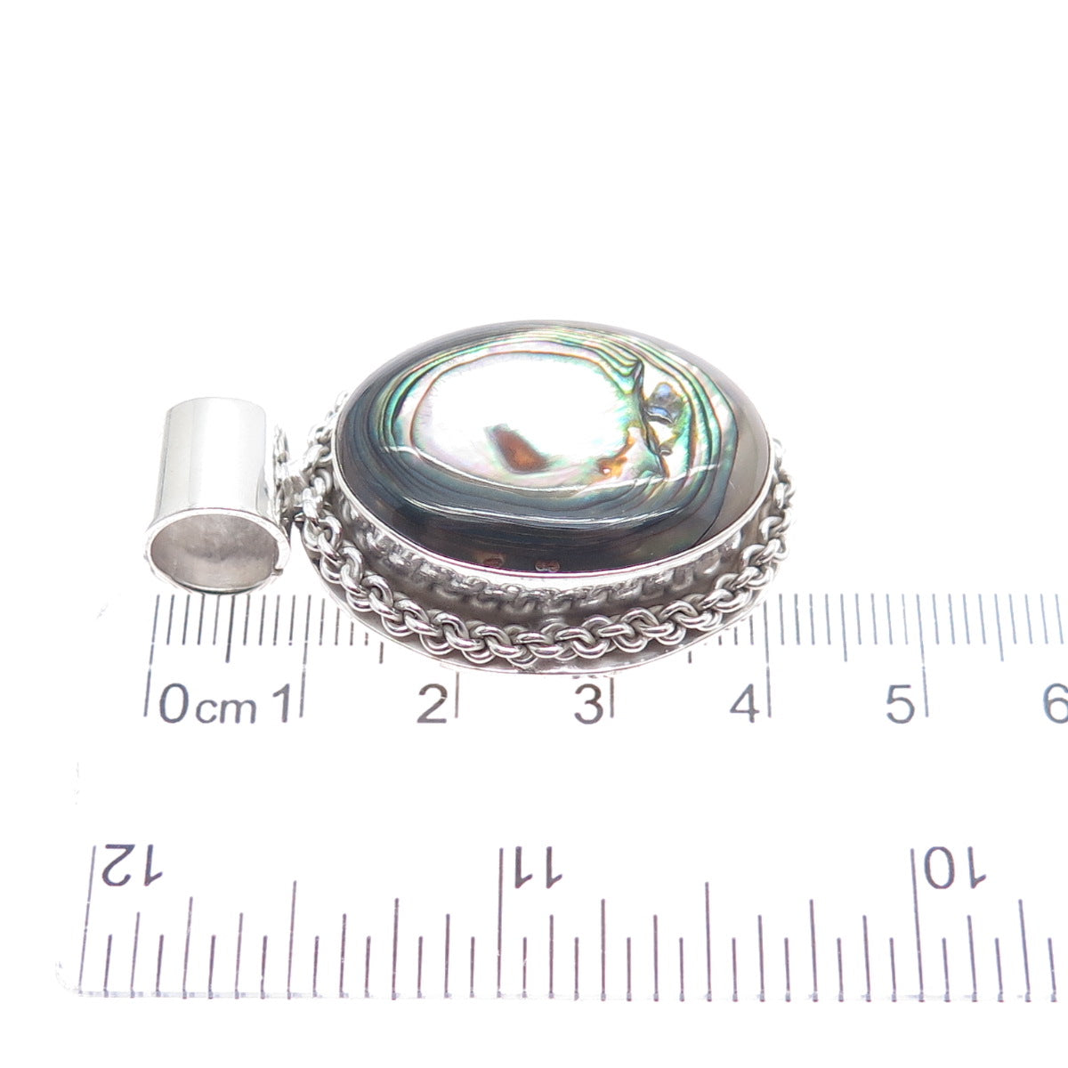 925 Sterling Silver Vintage Mexico Real Abalone Shell Oxidized Charm Pendant