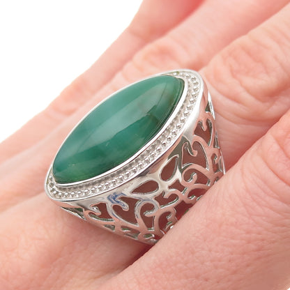 Ken Crafts 925 Sterling Silver Real Green Agate Floral Scroll Ring Size 9