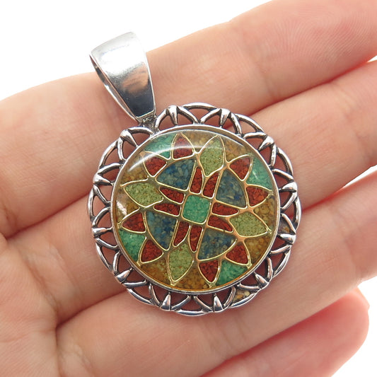 CAROLYN POLLACK Sterling Silver Vintage Real Turquoise Coral Lapis Inlay Pendant