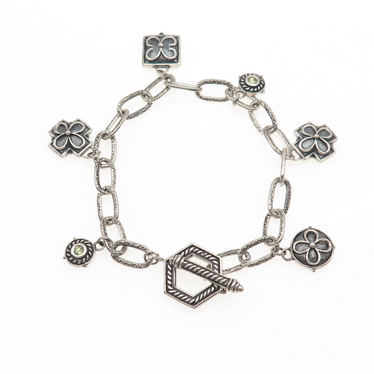 925 Sterling Silver Vintage Real Peridot Cross Floral Charm Oxidized Bracelet 7"