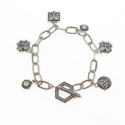925 Sterling Silver Vintage Real Peridot Cross Floral Charm Oxidized Bracelet 7"