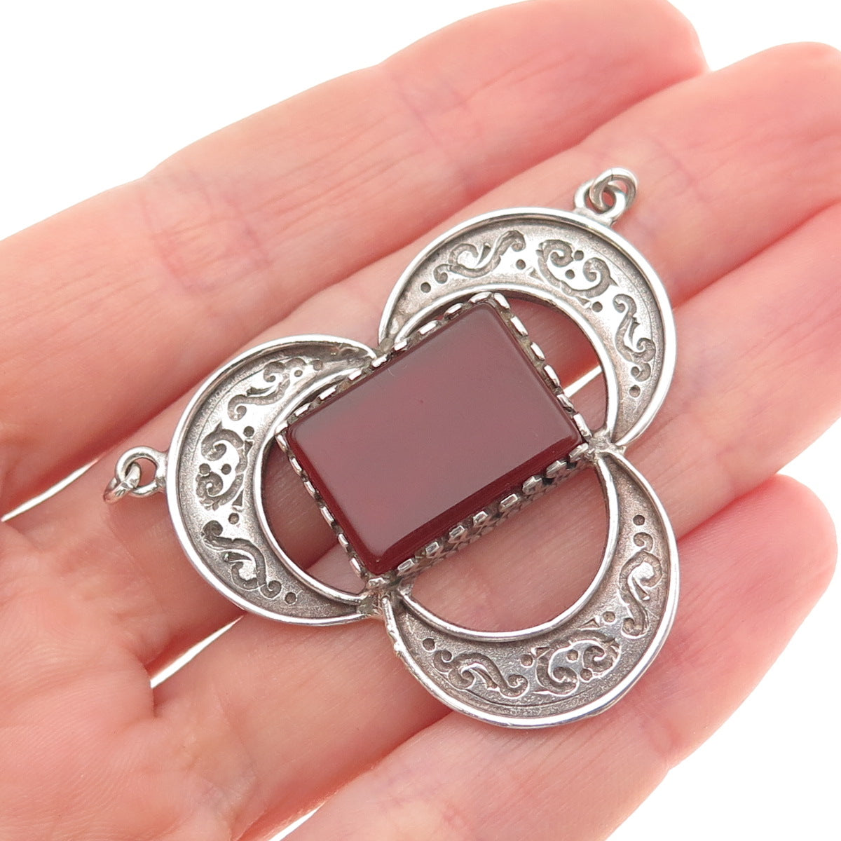 925 Sterling Silver Vintage Real Carnelian Modernist Floral Centerpiece Pendant