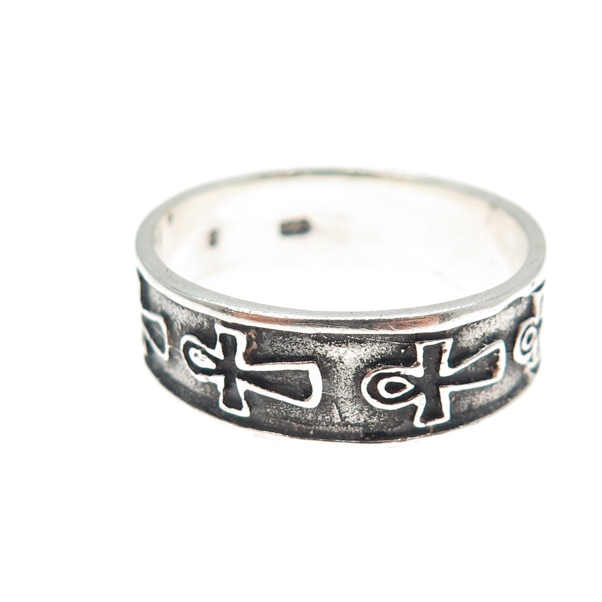 925 Sterling Silver Vintage Egyptian Ankh Oxidized Band Ring Size 12.25