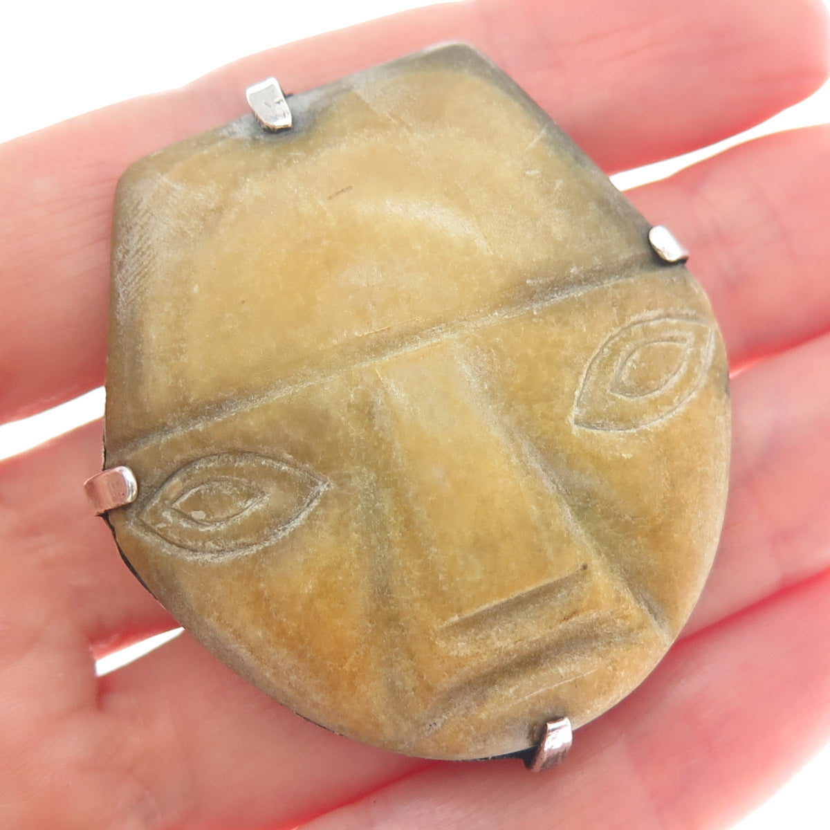 925 Sterling Silver Vintage Mexico Green Onyx Tecali Ceremonial Mask Pin Brooch