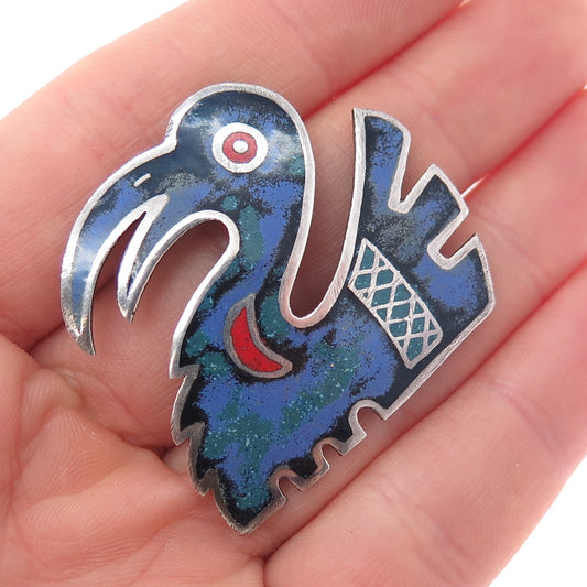 925 Sterling Silver Vintage Enamel Tribal Bird Oxidized Pin Brooch