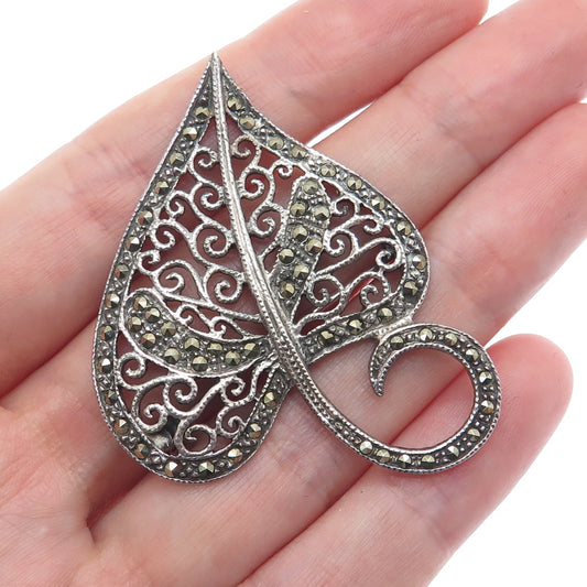 925 Sterling Silver Vintage Real Marcasite Gem Leaf Swirl Oxidized Pin Brooch