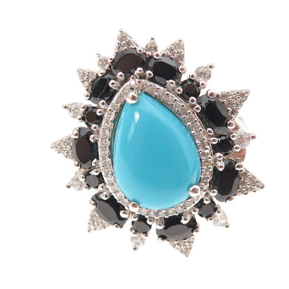 925 Sterling Silver Real Turquoise Black Spinel & White Topaz Floral Ring Size 8