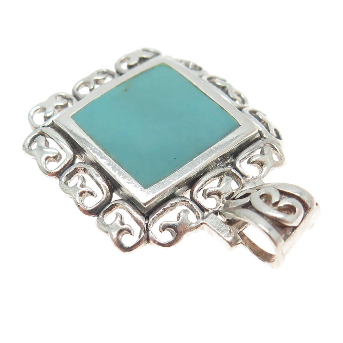 925 Sterling Silver Vintage Real Turquoise Ornate Square Pendant