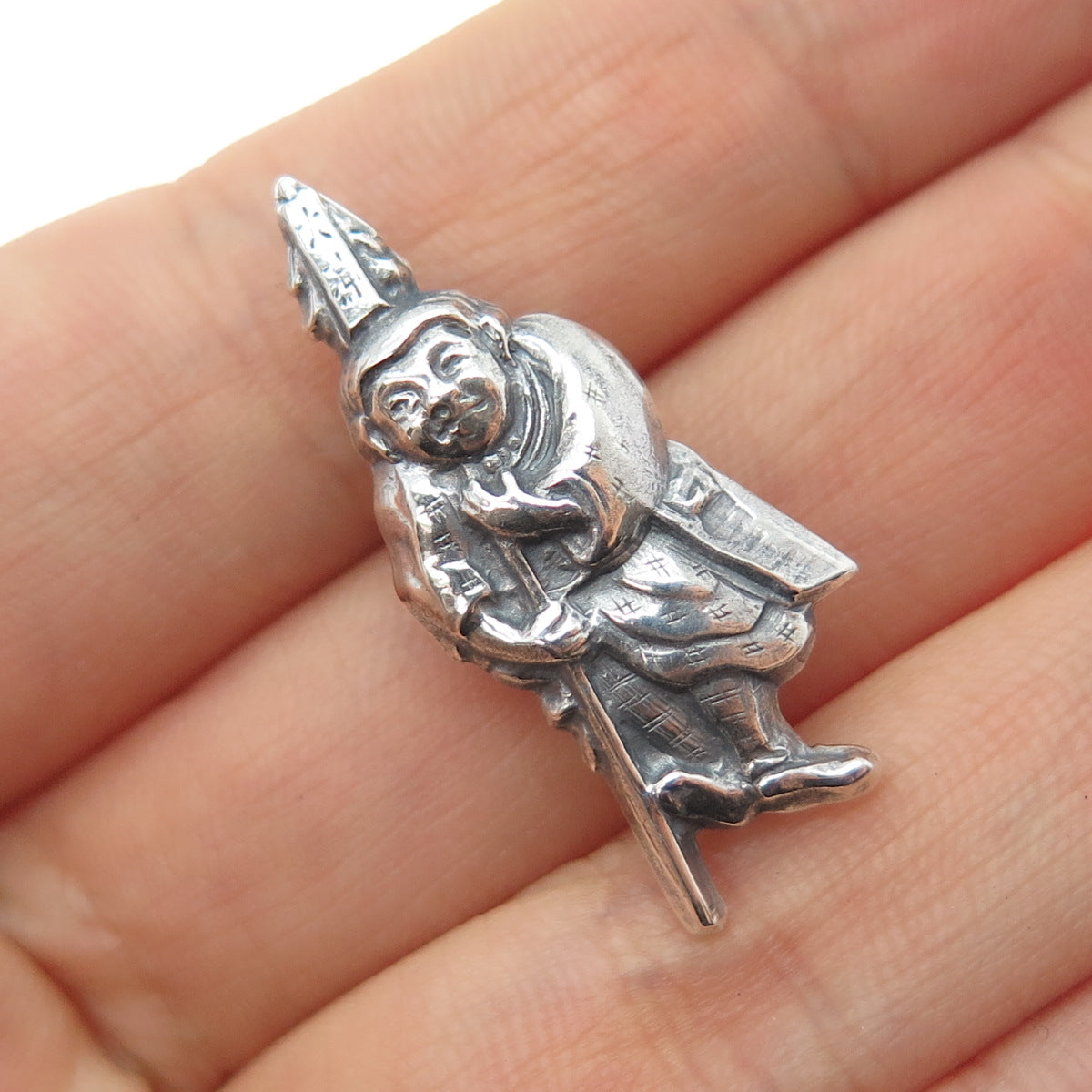 925 Sterling Silver Antique Japanese Fukurojin Oxidized Hollow Pin Brooch