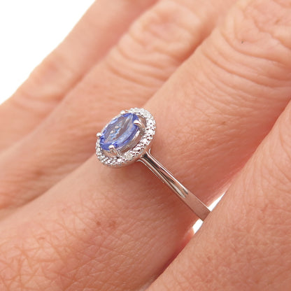 925 Sterling Silver Real Round-Cut Diamond & Oval-Cut Tanzanite Ring Size 8