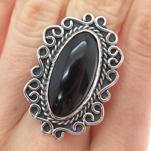 925 Sterling Silver Vintage Mexico Real Black Onyx Modernist Ring Size 7
