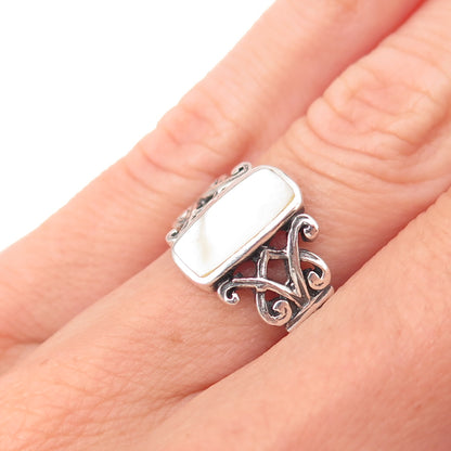 925 Sterling Silver Vintage Mexico Real MOP Heart Oxidized Ring Size 5