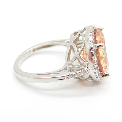 925 Sterling Silver White & Peach Round-Cut Shaped C Z Ring Size 6