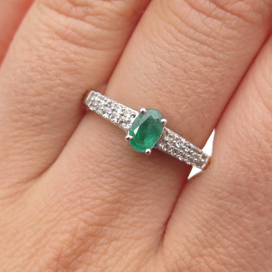 CHUCK CLEMENCY 925 Sterling Silver Real Emerald & White Topaz Ring Size 7