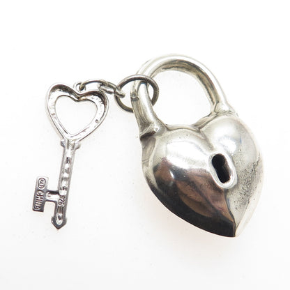 925 Sterling Silver Vintage Puffy Heart Lock & Key 3D Pendant