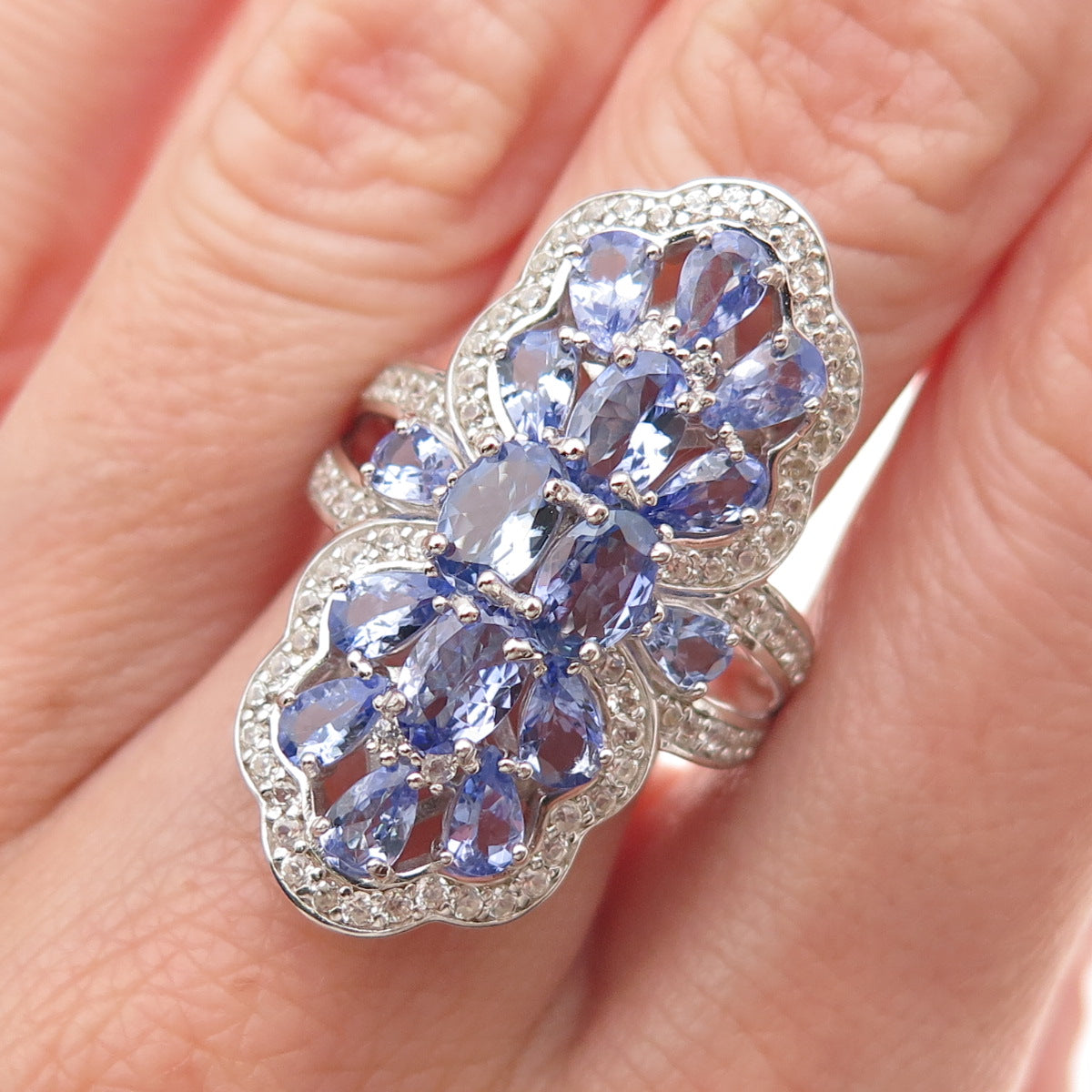 925 Sterling Silver Real Tanzanite & White Topaz Cluster Ring Size 8.25