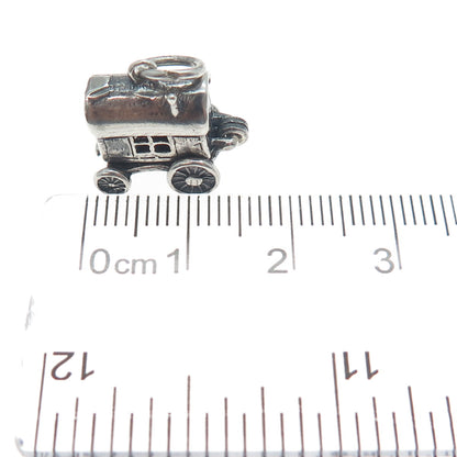 925 Sterling Silver Vintage Travel Wagon Oxidized Minimalist 3D Charm Pendant
