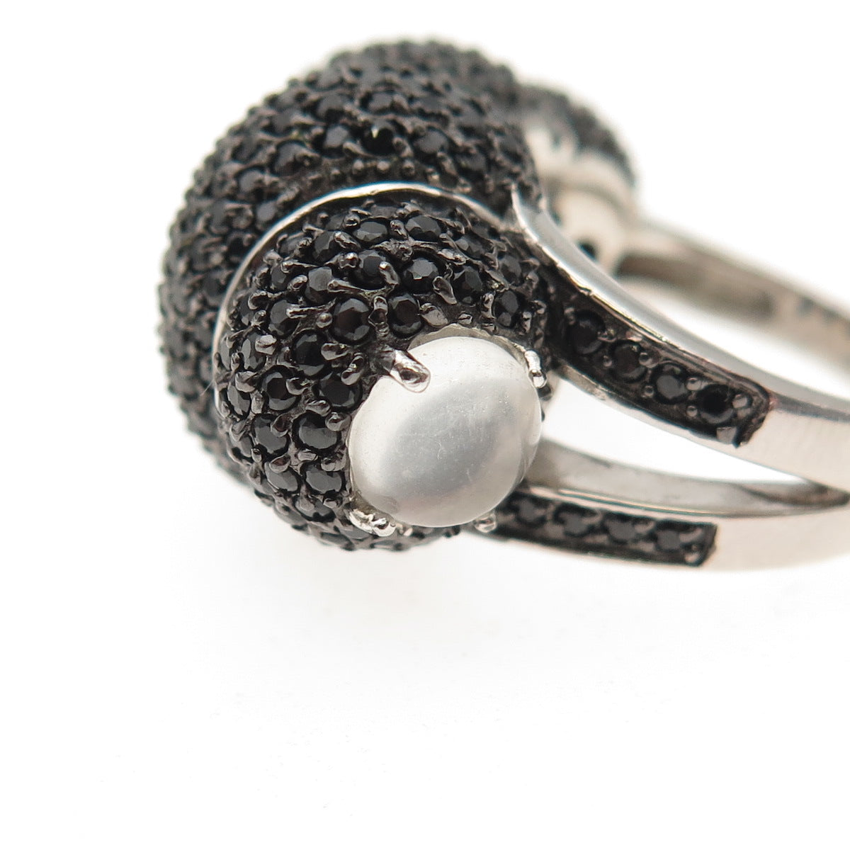 925 Sterling Silver Real Black Spinel & Moonstone Cocoon Ring Size 6.25
