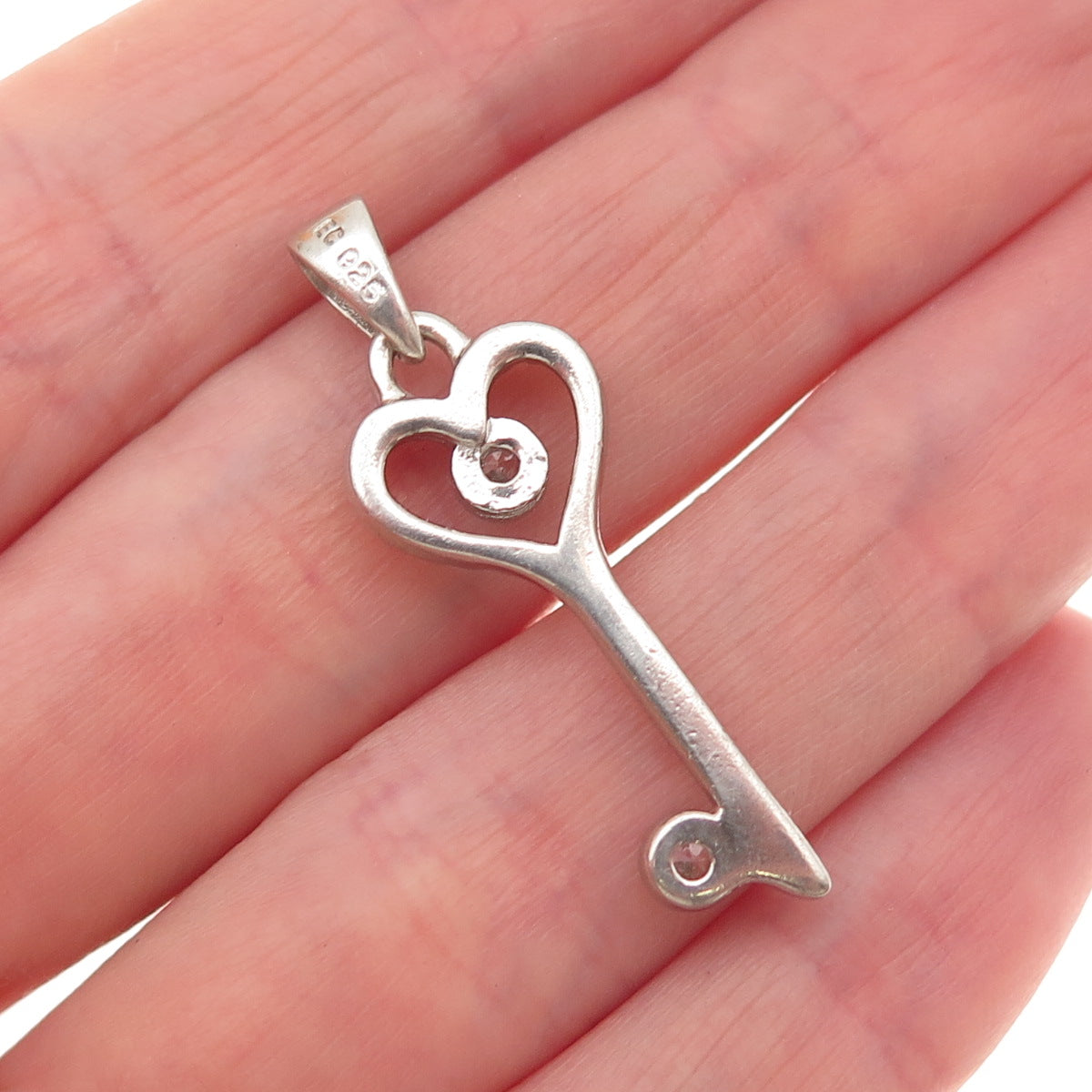 925 Sterling Silver Round-Cut C Z Heart Key Charm Pendant