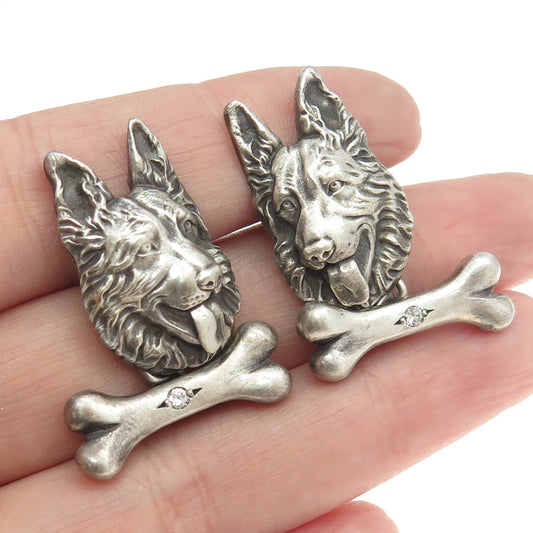 925 Sterling Silver Vintage Real Round-Cut Diamond K9 German Shepherd Cufflinks