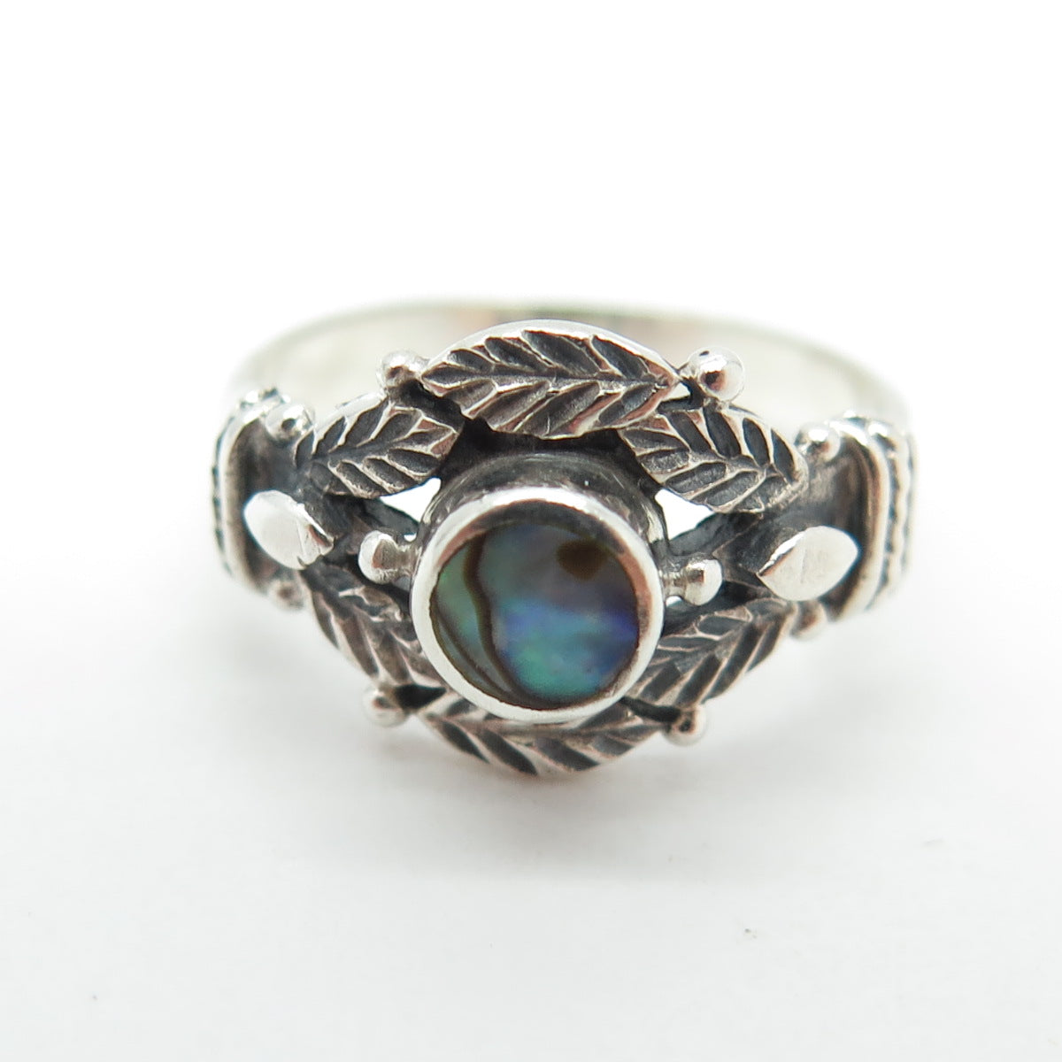 925 Sterling Silver Vintage Real Abalone Shell Leaf Oxidized Ring Size 5.25