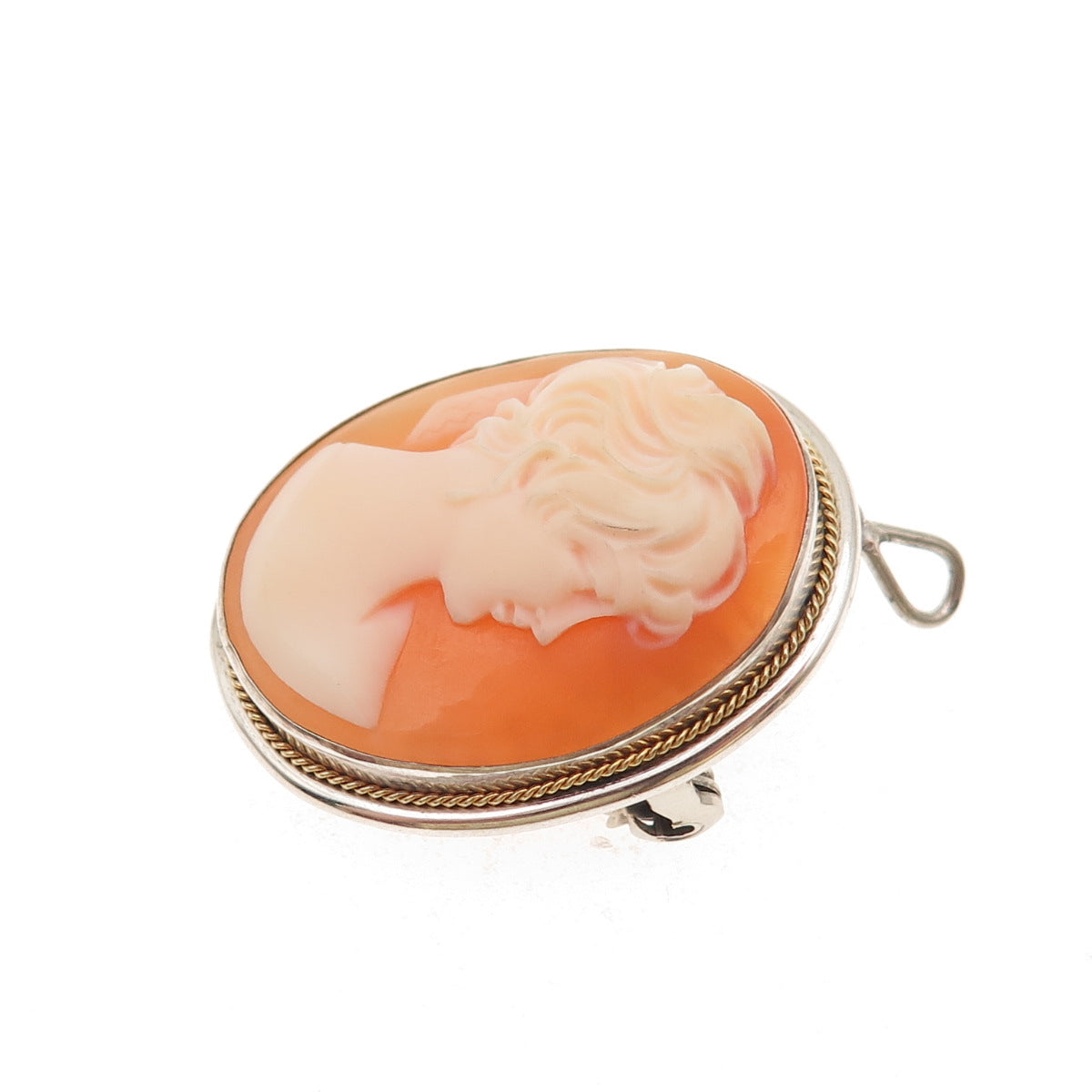 800 Silver 2-Tone Antique Art Deco Real MOP Lady Cameo Pin Brooch / Pendant