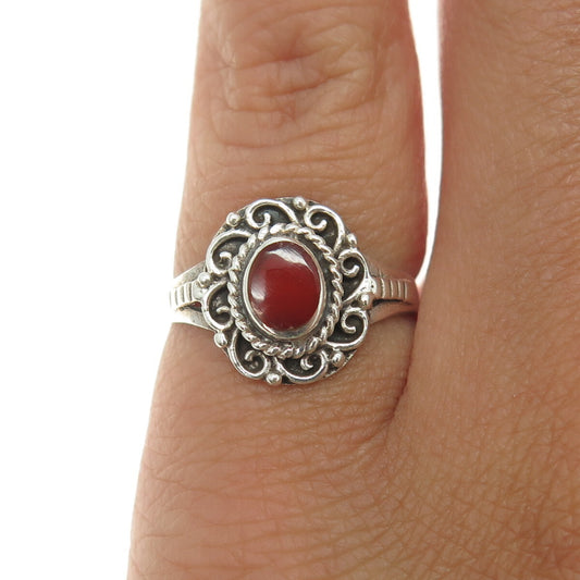925 Sterling Silver Vintage Southwestern Real Carnelian Floral Ring Size 5.25