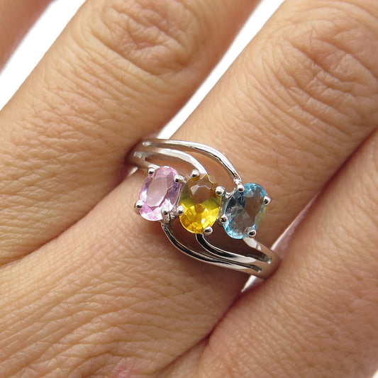 925 Sterling Silver Amethyst Citrine & Blue Topaz Gemstone Ring Size 8.25