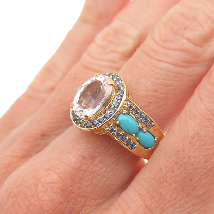 925 Sterling Silver Gold Plated Real Morganite Turquoise Sapphire Ring Size 8.25
