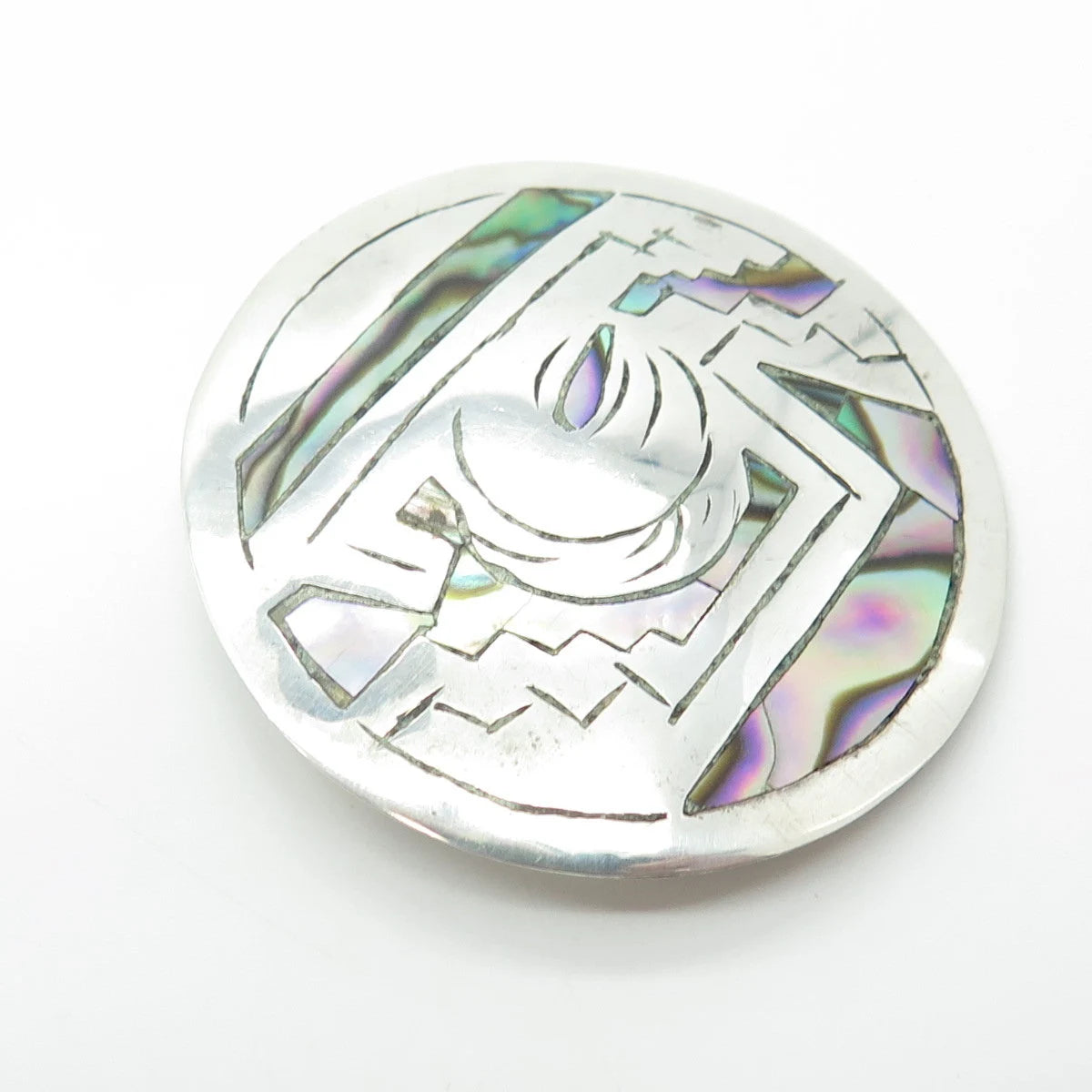 925 Sterling Silver Vintage Mexico Abalone Shell Modernist Pendant / Pin Brooch