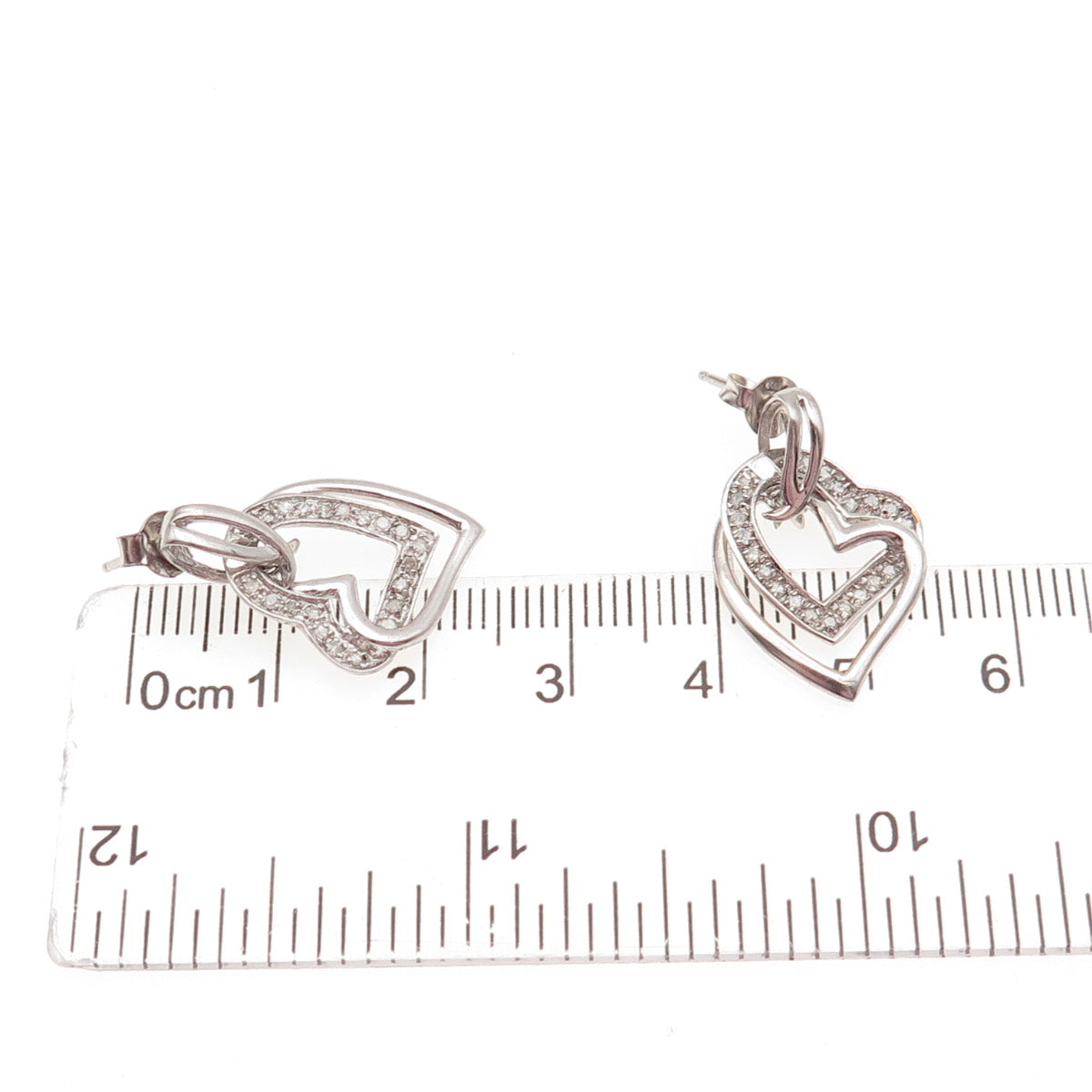 SAI 925 Sterling Silver Real Round-Cut Diamond Double Heart Dangle Earrings