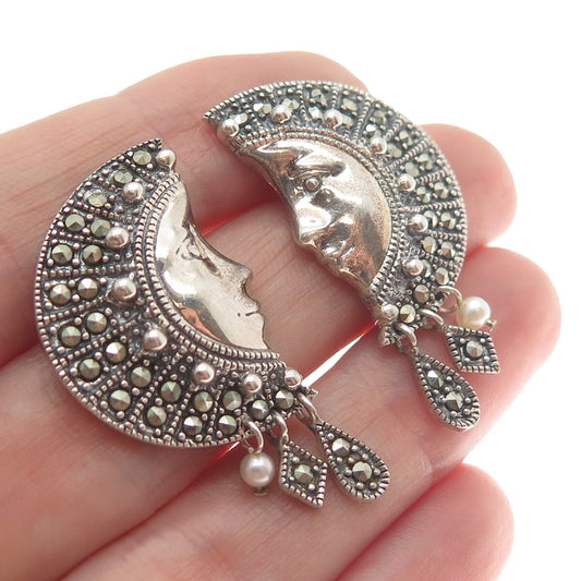 925 Sterling Silver Vintage Pearl & Marcasite Gem Crescent Moon Face Earrings