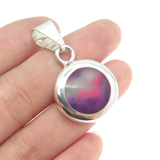 925 Sterling Silver Vintage Mexico Real Paint Agate Round Pendant