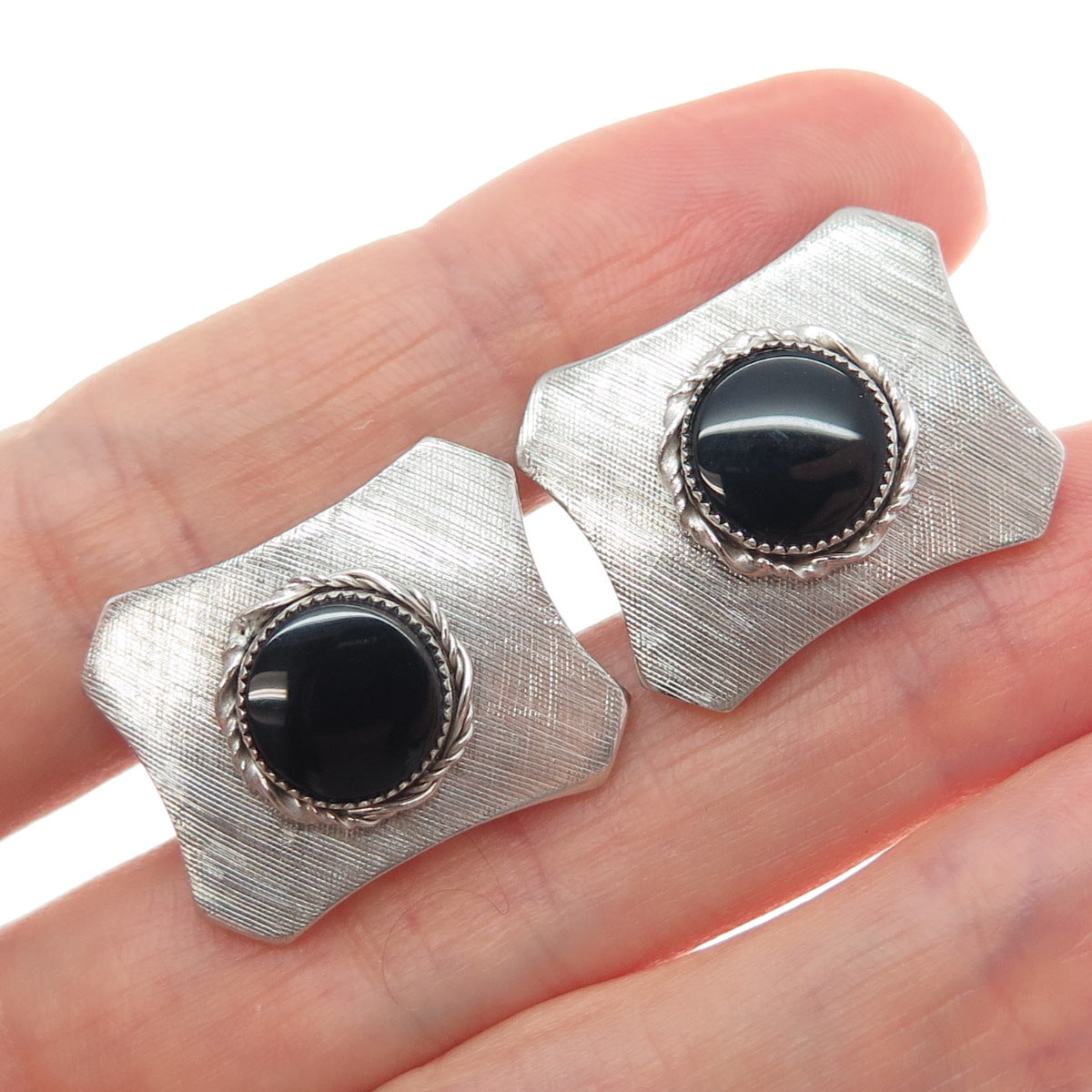 925 Sterling Silver Vintage PRK Real Round-Cut Black Onyx Cufflinks