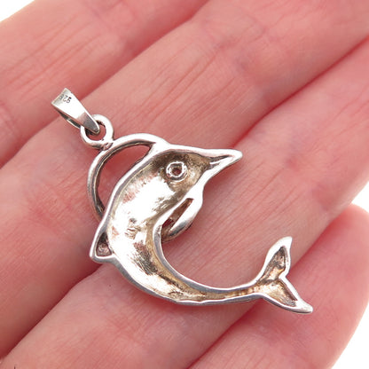 925 Sterling Silver Vintage Round-Cut C Z Dolphin Oxidized Charm Pendant