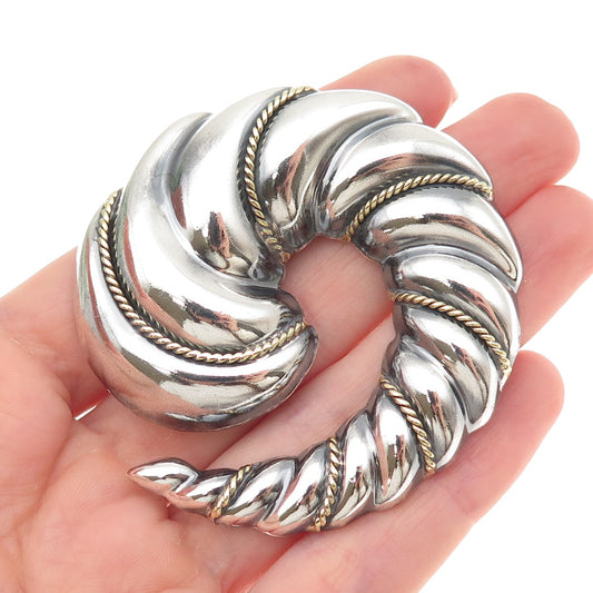 LATON 925 Sterling Silver 2-Tone Vintage Mexico Ribbed Spiral Pin Brooch Pendant