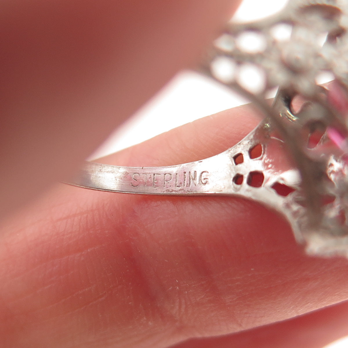 925 Sterling Silver Antique Art Deco Pink Rhinestone Ring Size 7.25