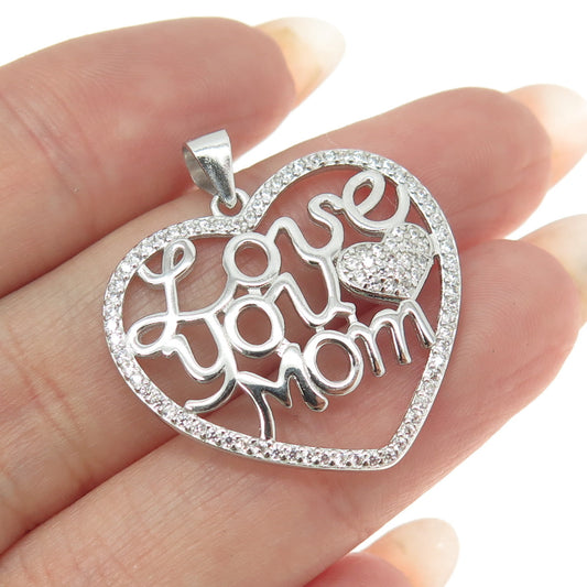 925 Sterling Silver Round-Cut C Z "Love You Mom" Heart Pendant